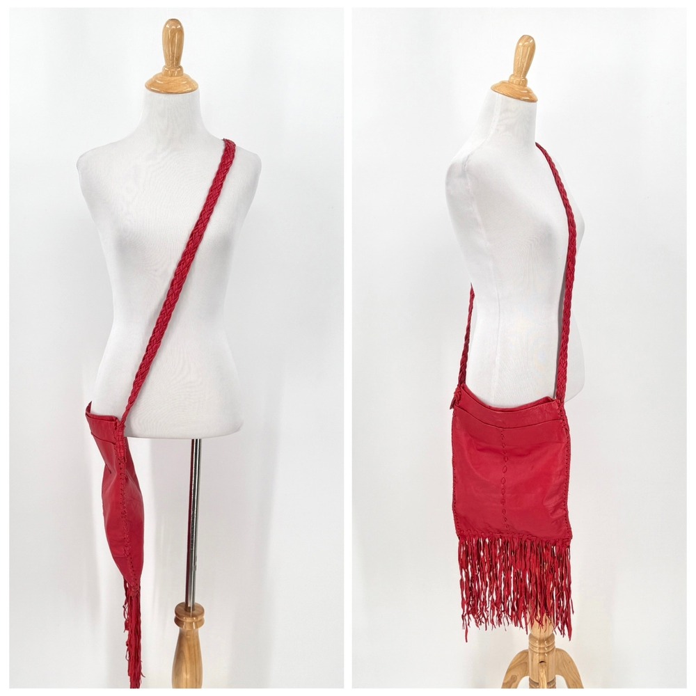 VINTAGE Leather Fringe Crossbody Bag Womens Red Braided Boho Festival Western